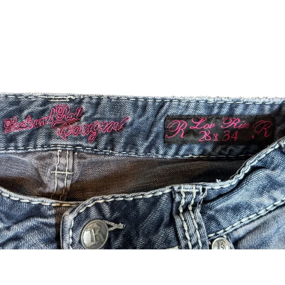 Rock & Roll Cowgirl Bootcut Jeans Womens 28x34 Blue Denim Beaded Pockets Outdoor